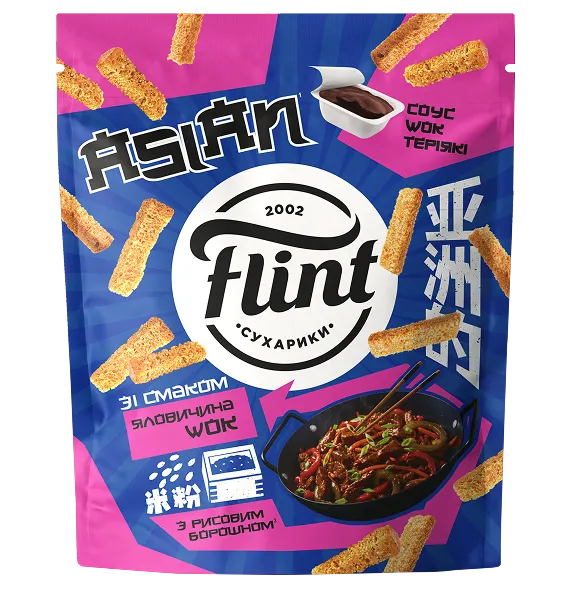 Пачка сухариків Flint Asian зі смаком «Яловичина WOK»